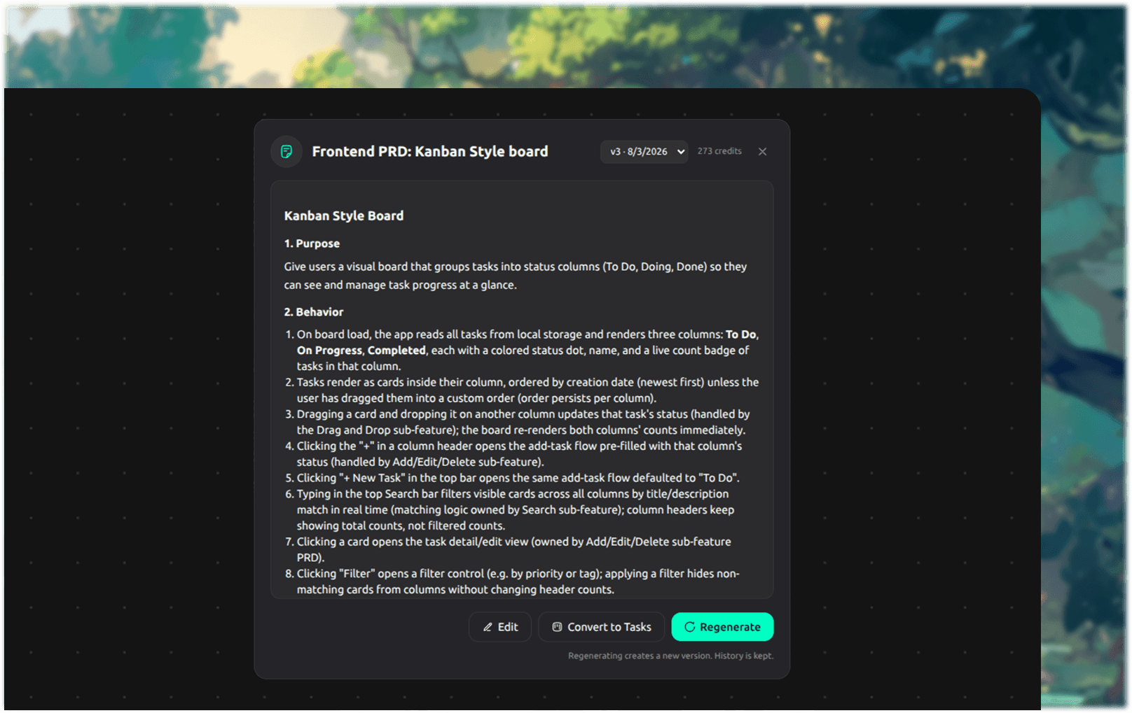 A generated PRD document for a selected feature