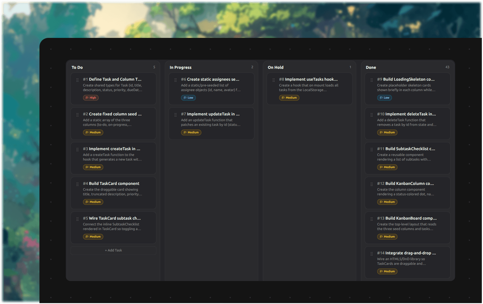 The Tasks board with cards organized into To Do and Done columns